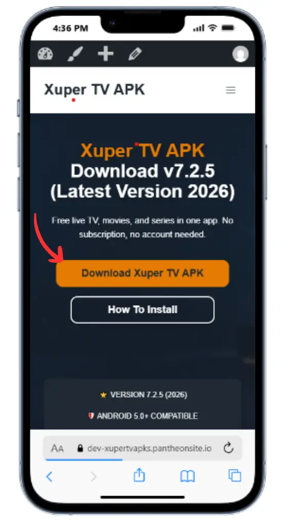 Captura de pantalla mostrando dónde descargar el botón de Xuper TV APK en el sitio web