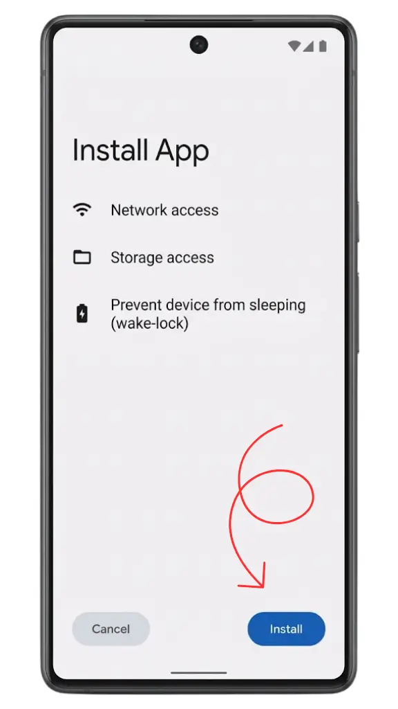 Pantalla de instalación de Android con el botón Instalar para completar la instalación de Xuper TV APK
